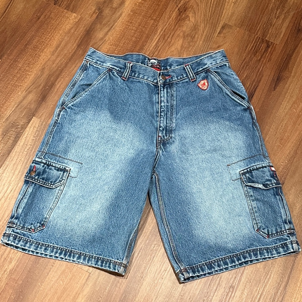mecca Blue Denim Cargo Shorts with Red Patch Accents